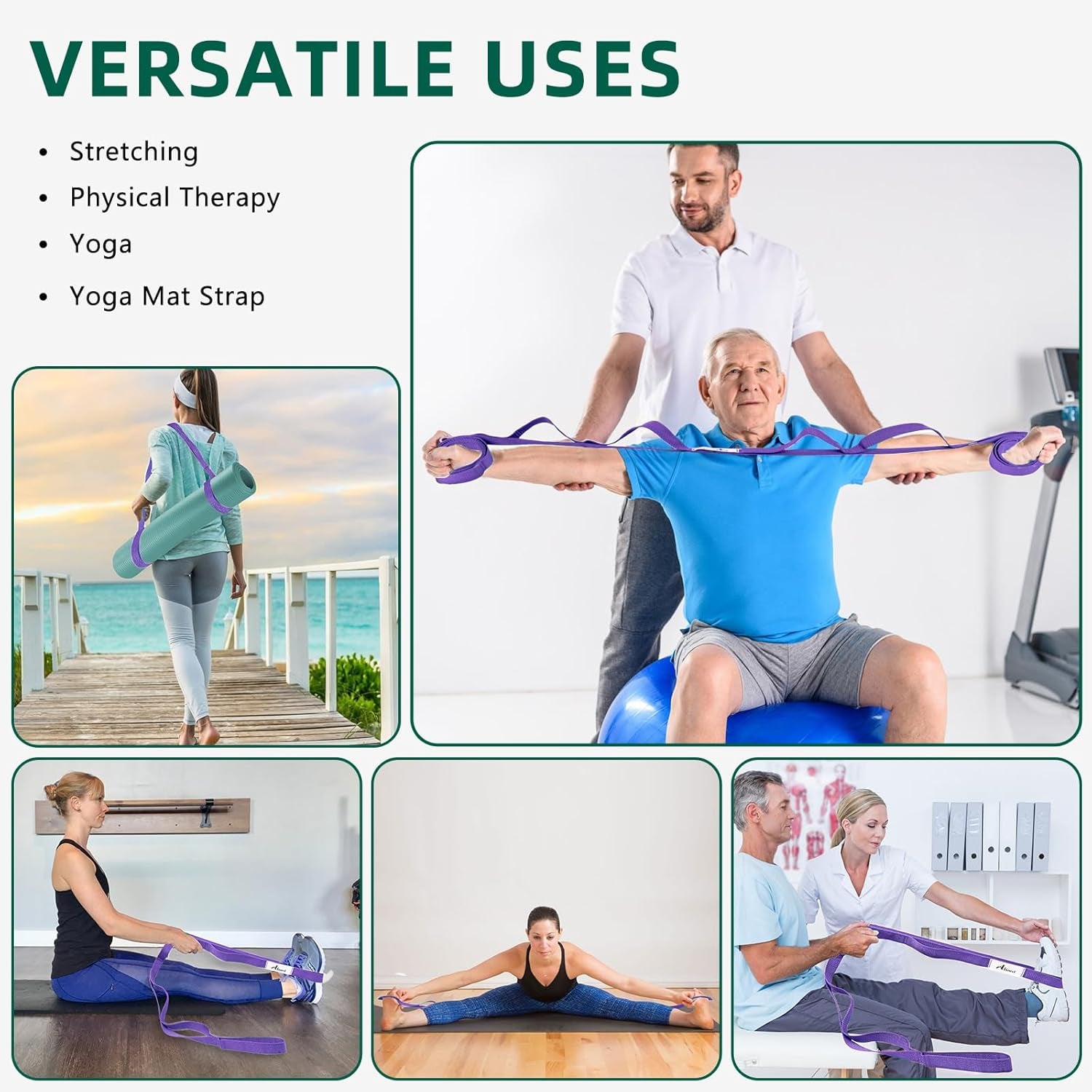 Stretching Strap Yoga Straps for Physical Therapy, 10 Loops Non-Elastic Stretch Band for Pilates, Flexibility, Exercise and Gymnastics