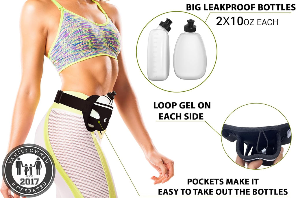 Hydration Running Belt with 2 X 10Oz Water Bottles, No Bounce Adjustable Waist Belt for Men & Women, Marathon Running Gear