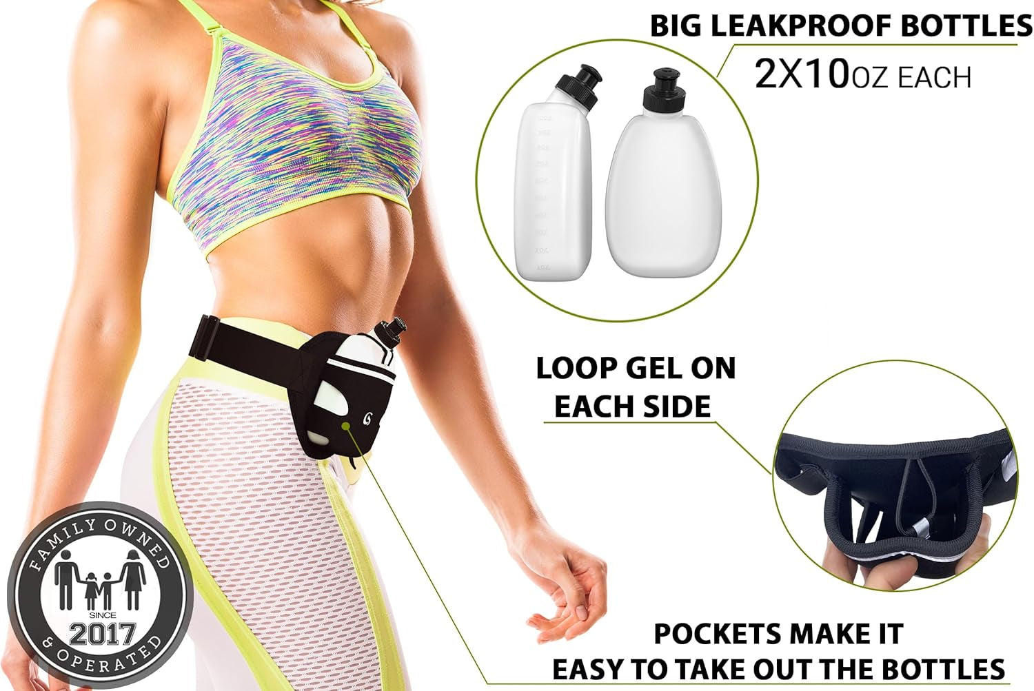 Hydration Running Belt with 2 X 10Oz Water Bottles, No Bounce Adjustable Waist Belt for Men & Women, Marathon Running Gear