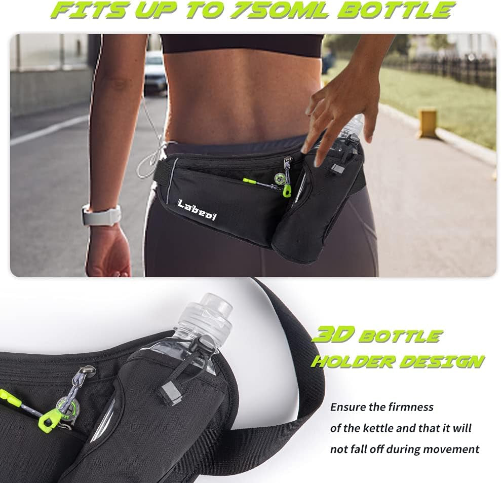 Waist Pack, Waterproof Hydration Belt with Water Bottle Holder, Adjustable Fanny Pack for Running, Hiking, Walking, Cycling, Black