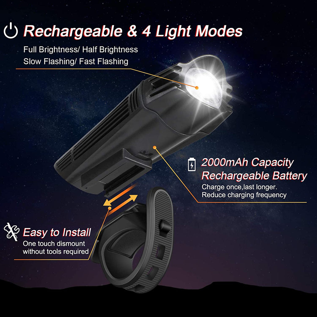 Ultra Bright USB Rechargeable Bike Light Set, Powerful Bicycle Front Headlight and Back Taillight, 4 Light Modes, Easy to Install for Men Women Kids Road Mountain Cycling Black