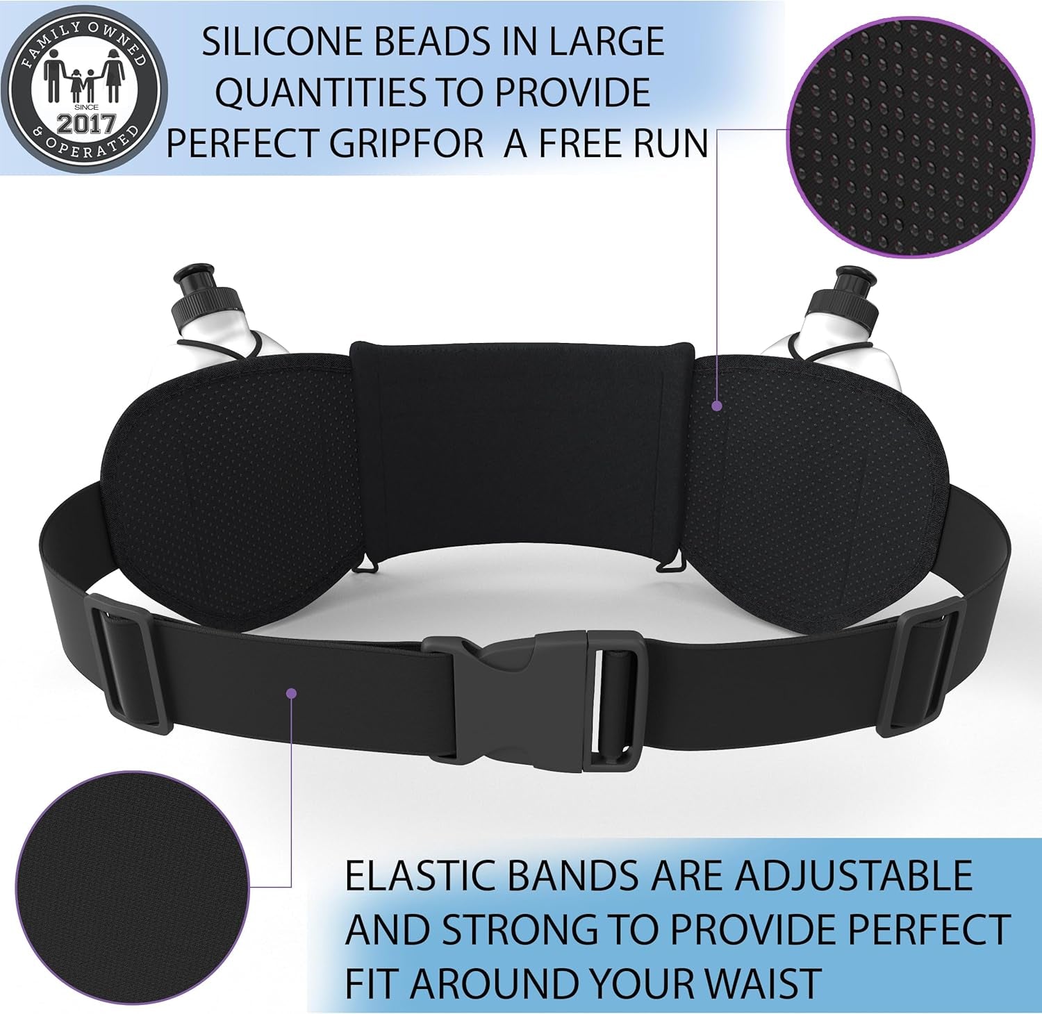 Hydration Running Belt with 2 X 10Oz Water Bottles, No Bounce Adjustable Waist Belt for Men & Women, Marathon Running Gear