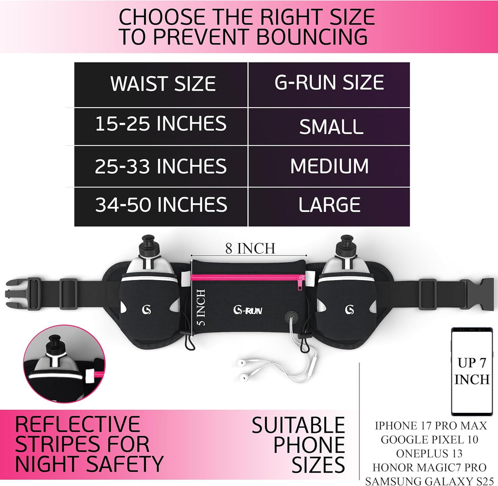 Hydration Running Belt with 2 X 10Oz Water Bottles, No Bounce Adjustable Waist Belt for Men & Women, Marathon Running Gear