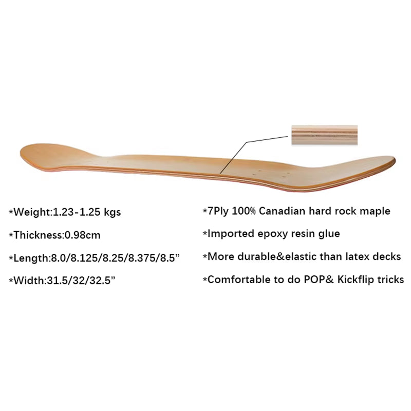 Size Custom Professional 8.25 Inch 7 Ply Canadian Maple Skateboard Blank Decks Skateboard Deck Pro