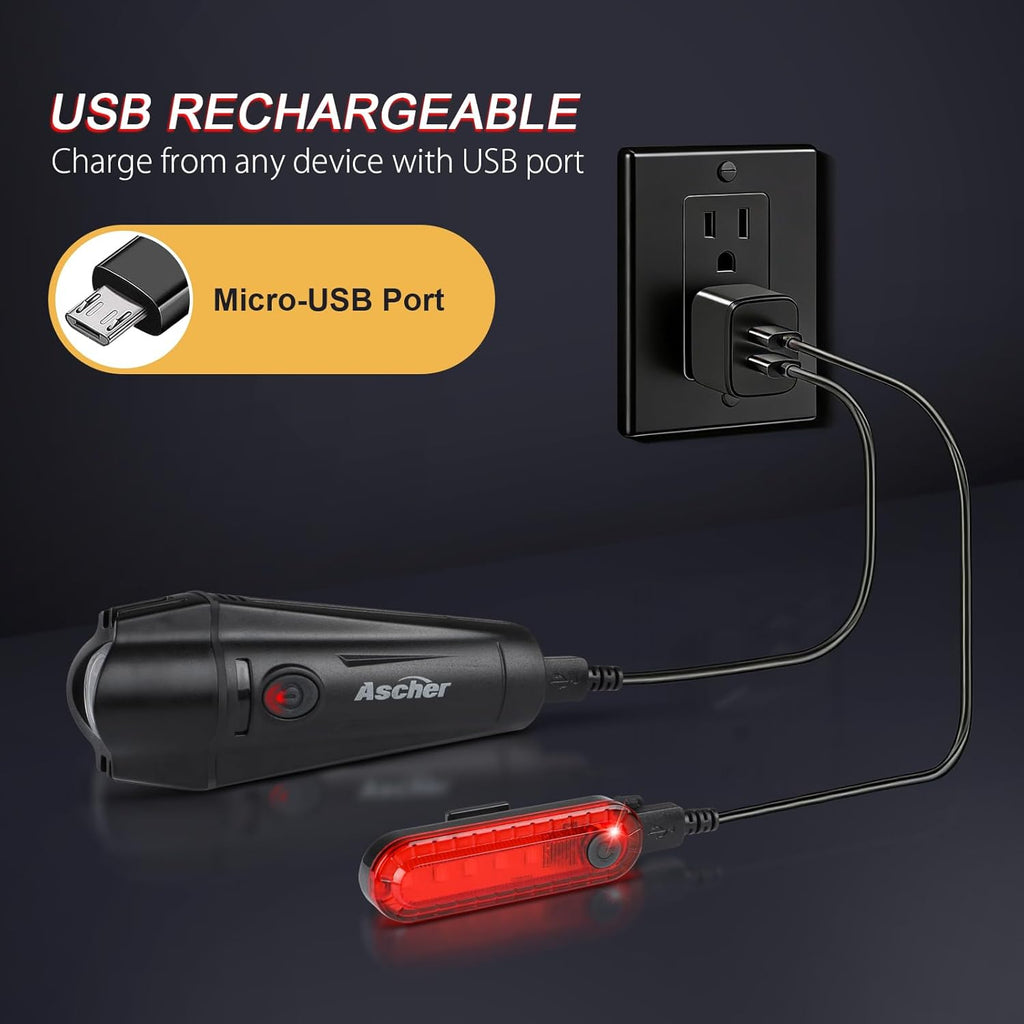 Ultra Bright USB Rechargeable Bike Light Set, Powerful Bicycle Front Headlight and Back Taillight, 4 Light Modes, Easy to Install for Men Women Kids Road Mountain Cycling Black
