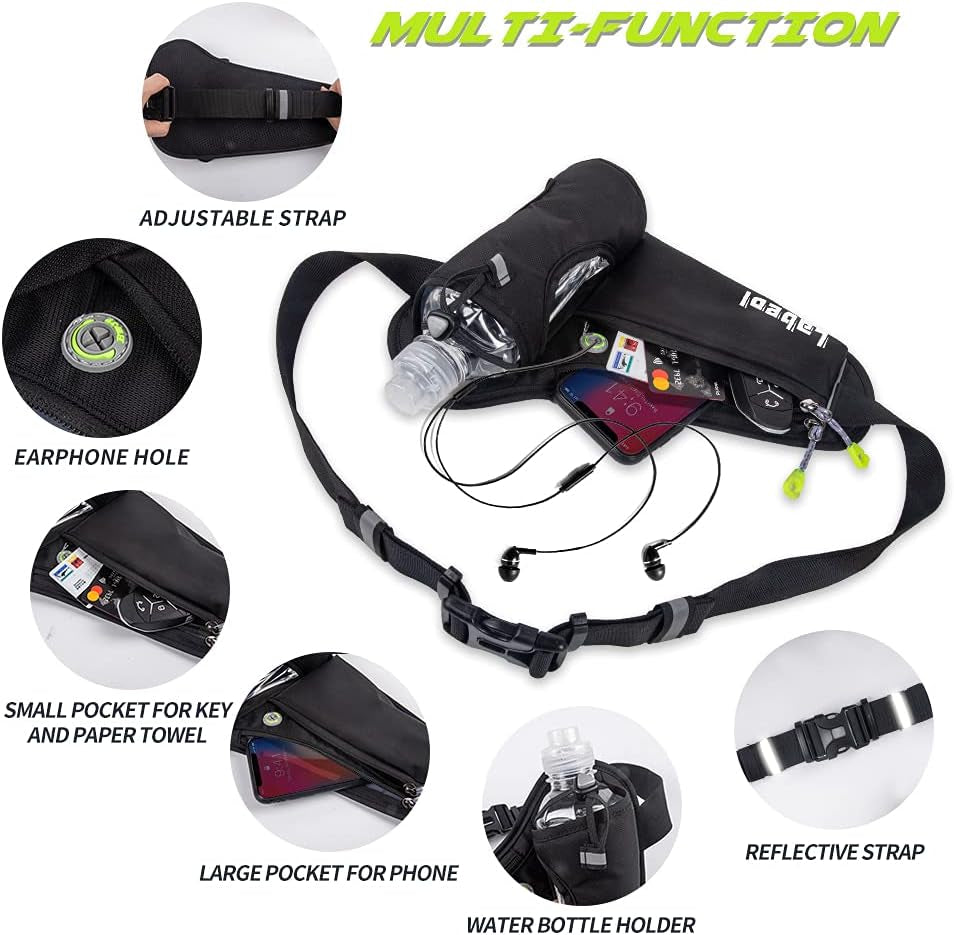 Waist Pack, Waterproof Hydration Belt with Water Bottle Holder, Adjustable Fanny Pack for Running, Hiking, Walking, Cycling, Black